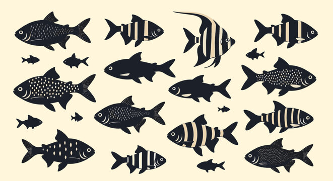 Collection of stylized tropical fish silhouettes featuring angelfish, tiger barbs, and tetra species with decorative stripes and dotted patterns on a neutral cream background.