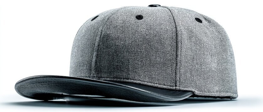 A textured grey snapback cap with a flat black brim rests against a clean white background, highlighting urban fashion style.