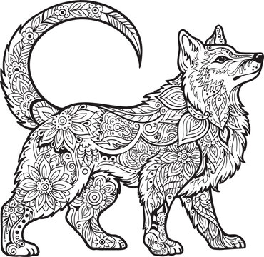 Black and white zentangle of a standing wolf with floral patterns