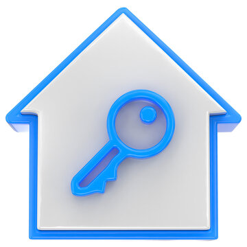 3D house icon with blue key