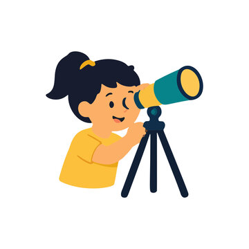 Little Girl Looking Through A Telescope To Explore Science