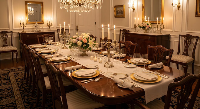 Elegant formal dining room set for a luxurious dinner party with candles, flowers, and fine tableware.