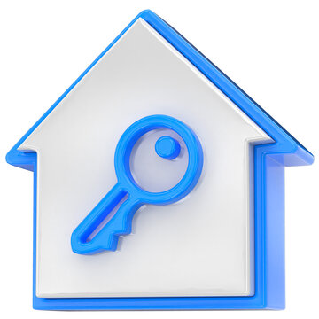 3D house icon with blue key