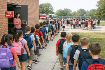 Obraz premium Group of kids waiting patiently in front of a fire station, possibly for a tour or visit