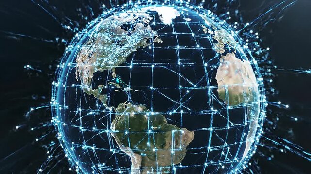 Digital globe with illuminated global network connections showing North and South America under dark background