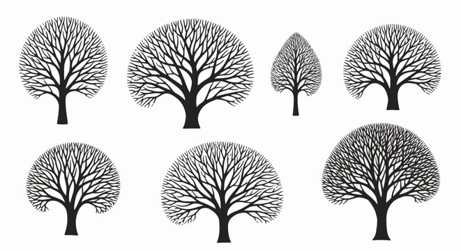 Set of seven black silhouettes of leafless winter trees with detailed branch patterns on a white background. Bare deciduous tree shapes for graphic design and architectural visualization.