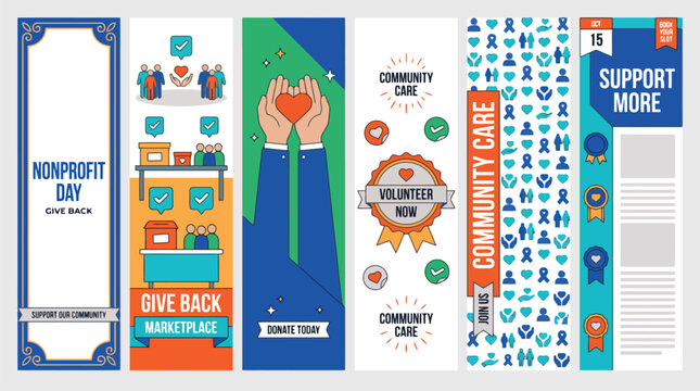 Nonprofit Day vertical banner set, community care and volunteer charity web headers, donation and give back marketplace vector illustrations