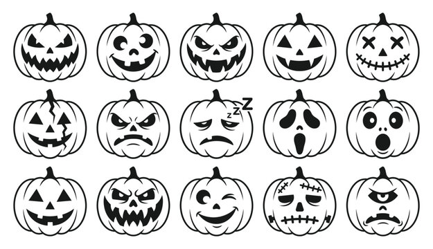 Scary Halloween Jack o Lantern Face Vector Set Spooky Pumpkin Expressions and Emoji Bundle, Autumn Line Art Sheet for Kids