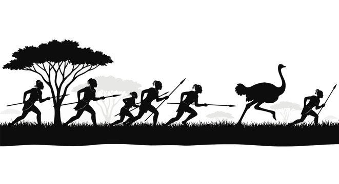 Black and white silhouette illustration of African tribal hunters with spears chasing a running ostrich across a savanna landscape with acacia trees and grass on white background.