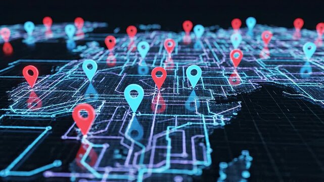 Digital glowing map with colorful location markers and futuristic technology concept design