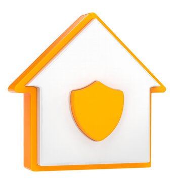 3D house icon with orange shield