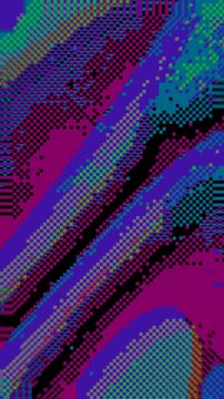 Purple and green 8bit pixel sorting with CRT scanline distortion and checkerboard patterns flickering in a seamless loop. Animated digital corruption for Cyber Monday banners and rave posters.