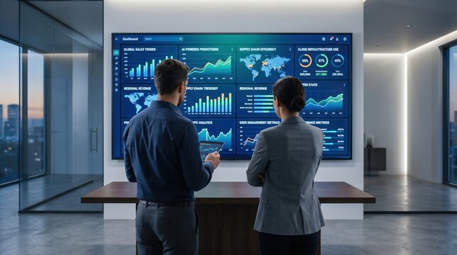Corporate executives reviewing global sales trends and AI powered predictions on large screen dashboard, supply chain efficiency analysis