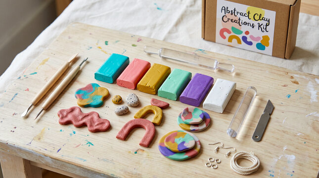 Kit de manualidades con arcilla polim&eacute;rica de colores, herramientas de modelado, pintura y barniz sobre fondo blanco. Vista superior.