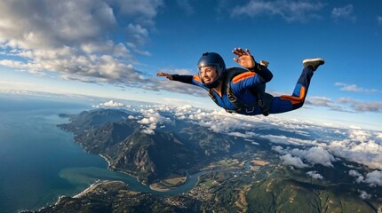 Fototapeta premium Skydiver man falling through the sky above landscape and coast. Professional athlete performing extreme sport during parachute jump. Adventure, adrenaline, and travel hobby concept.