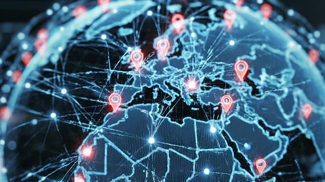 Digital map of Europe with glowing location markers and network connections highlighting global communication