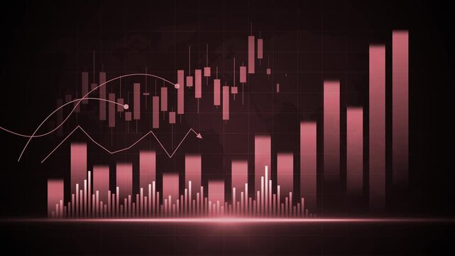 Financial chart background with rising bar graph and candlestick market data showing growth profit and upward trend animation