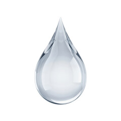 Obraz premium A single, clear, transparent water drop falling downwards, captured with detail on a plain white background, liquid concept