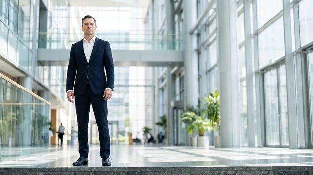Professional Businessman Standing in Modern Corporate Office Lobby