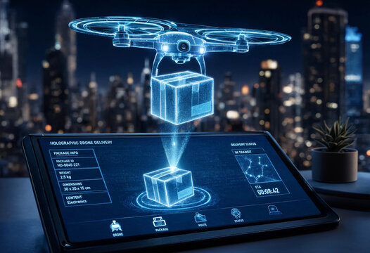 Holographic drone delivering package on tablet screen at night