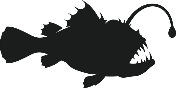 A detailed black vector illustration of a scary deep sea anglerfish featuring sharp teeth and a glowing lure pole