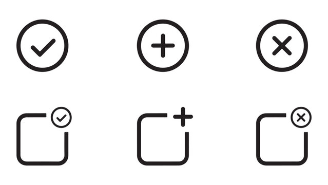 UI Icons: Checkmark, Plus, and Cross Symbols in Square Frames