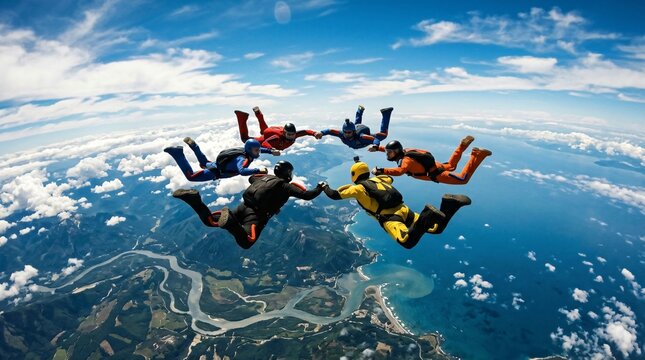 Skydivers holding hands in a circle formation during freefall. Group of athlete parachutists in air. Extreme sport adventure, teamwork and recreational activity in high altitude above earth.