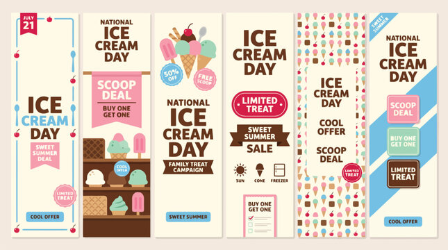 National Ice Cream Day vertical banner set, retro dessert shop promotion templates, sweet summer sale marketing graphics with scoops and cones
