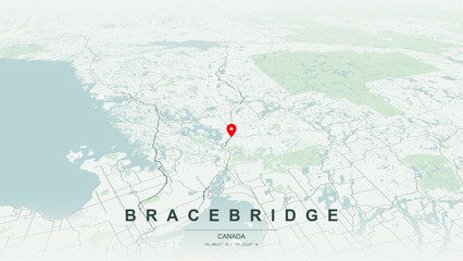 Modern minimalist vector map of Bracebridge, Ontario. High-quality scalable illustration of Bracebridge geographic boundaries, Muskoka River and Lake Muskoka shoreline networks for posters design. © AliRza