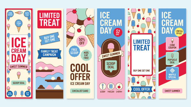 Retro ice cream day vertical banners, colorful summer dessert promotion flyers, set of 6 vintage food marketing web templates