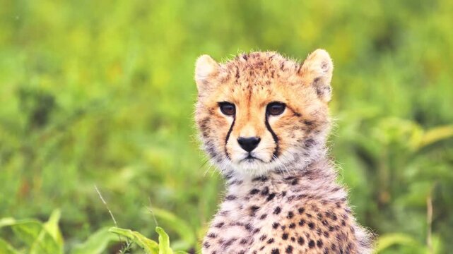 Extreme close up headshot portrait of a cute young wild cheetah cub looking directly into the camera with curious brown eyes