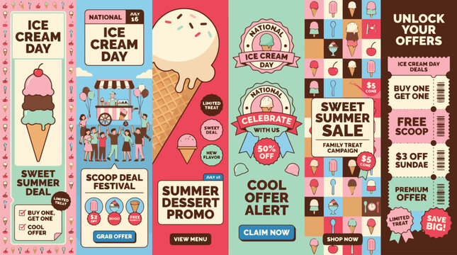 Retro National Ice Cream Day banner set, vintage summer dessert promo templates, sweet frozen treat sale posters with waffle cones and scoops