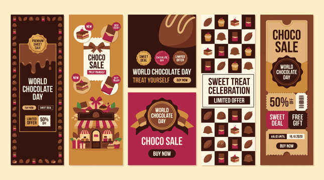 World Chocolate Day banner set, sweet treat celebration sale posters, brown cocoa dessert promotion flyers, chocolate shop marketing vector collection