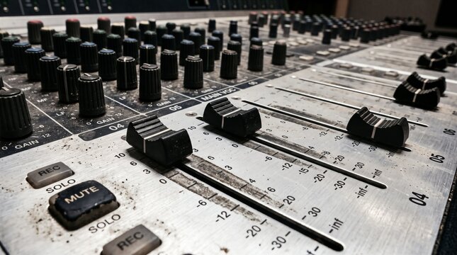 Dirty audio mixer featuring an analog mixing console and recording studio equipment covered in heavy dust
