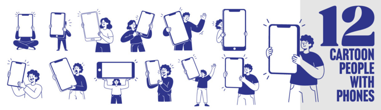 Cartoon people holding oversized smartphones with blank screens for mobile app presentation advertising mockups and digital marketing layouts