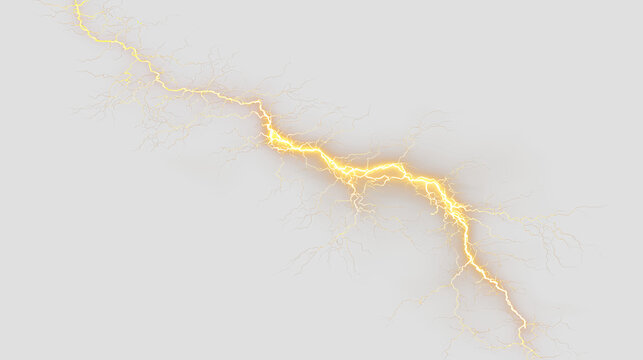 Lightning bolt strikes from clouds with electrical energy during a storm on a transparent background