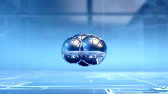 Reflective chrome droplets suspended above glossy circuit floor, cool blue studio lighting, low angle centered view with mirror surfaces, futuristic liquid forms and crisp highlights