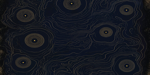 Dark navy blue topographic map pattern with intricate golden geometric contours topographic geometric cartography geography abstract background navigation landscape elevation physical © MOHAMAD