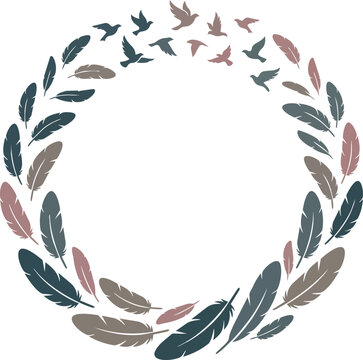 Muted tone feather circle vector wreath with flying bird silhouettes