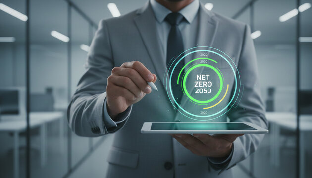 Man in suit uses tablet with net zero 2050 graphic, symbolizing future sustainability and business goal.