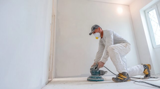 Professional finisher sanding drywall joints with a vacuum connected sanding tool, bright unfinished interior, dust controlled renovation concept