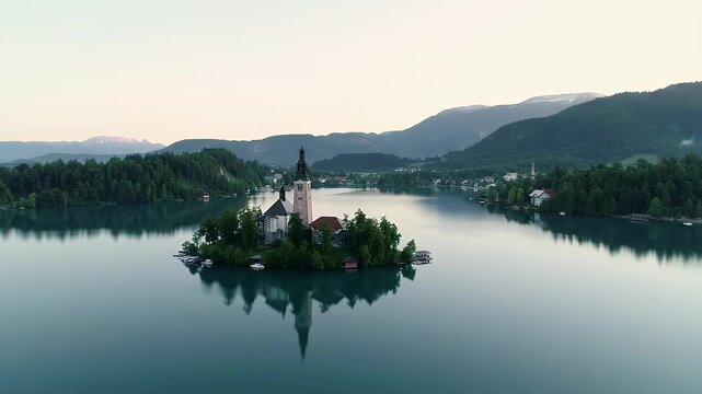 Island church reflected in a calm lake at sunrise with mountains in the background.