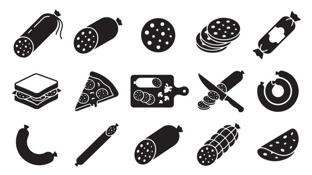 Salami and sausage icon set, 15 black meat product silhouettes, deli meat and pepperoni slices for pizza and sandwich menu design, EPS vector