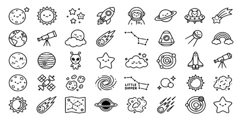 Cute Cartoon Space Exploration and Astronomy Line Icon Set. Vector Outline Illustration of Astronaut, Rocket Ship, Alien, UFO, Planets, and Constellations for Kids © SYEDAALISHA