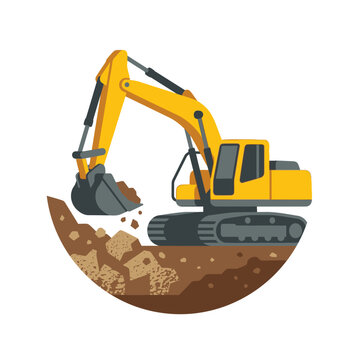 Yellow heavy-duty crawler excavator digging into brown soil earth, flat vector illustration isolated on white background, construction machinery icon for earthmoving and engineering.