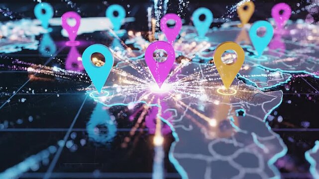 Digital world map with colorful location markers and glowing data points representing global connections