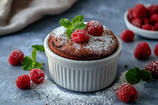 Dark chocolate souffle raspberry mint powdered sugar dessert ramekin chocolate cake sweet baked