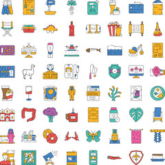 Naklejka premium Icons illustrating a wide range of subjects, including food, nature, technology, sport, travel, health, and daily objects, presented in a clean and modern design