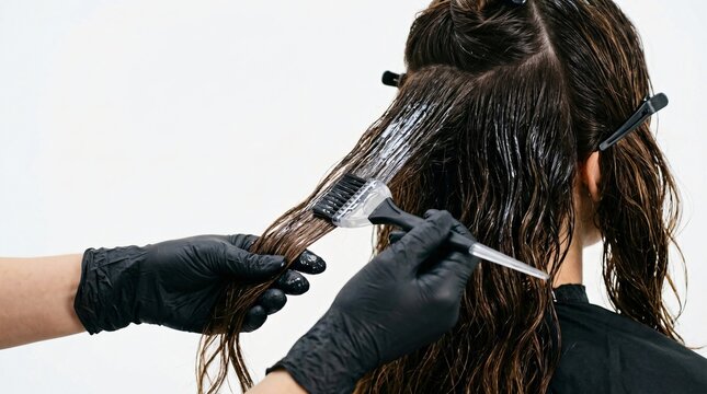 Hairdresser dyeing hair of young woman with brush in salon. Professional stylist applying hair color product on dark wavy locks. Beauty treatment concept and cosmetic procedure.