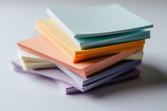 Index card stack in pastel color on gray surface, office supply for note, study, and organization